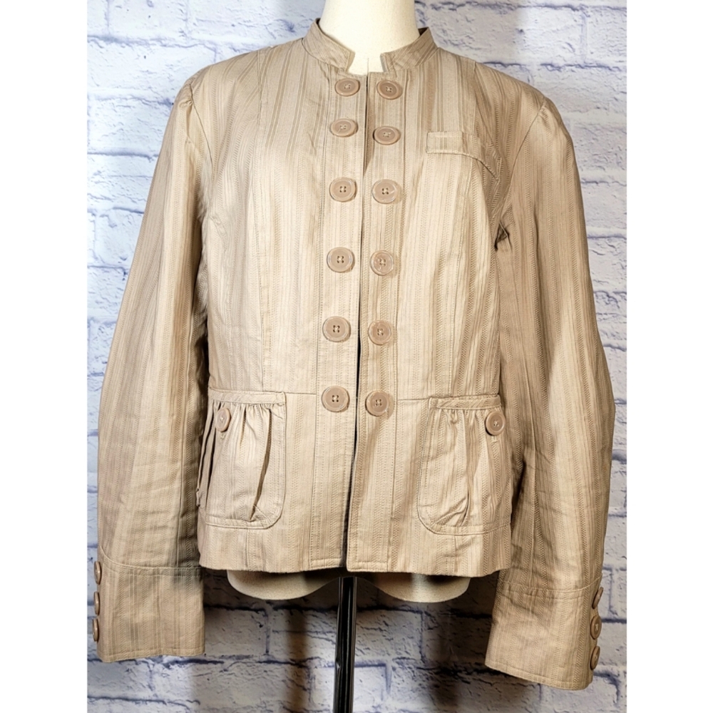 Mossimo Blazer Jacket Stripe Tan Size L Pleated Long Sleeves Fully Lined Pockets